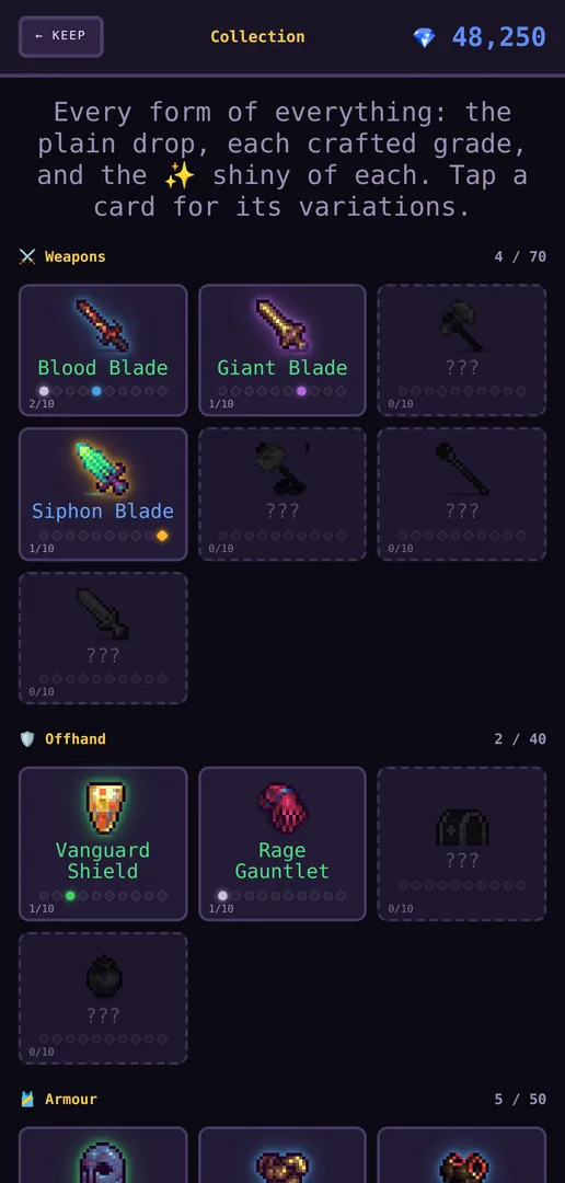 The Collection grid showing every item variant found