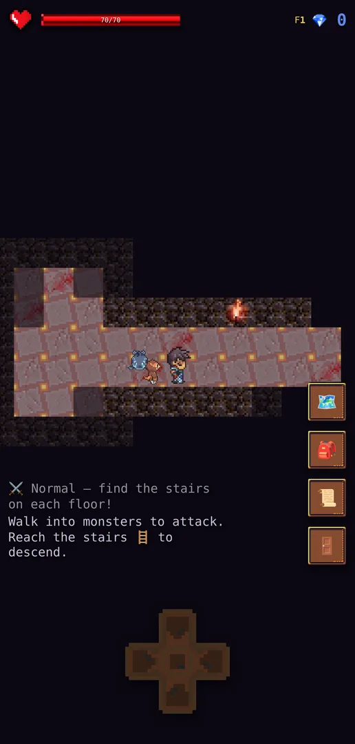 The dungeon crawler: a torch-lit stone floor with monsters and a hero