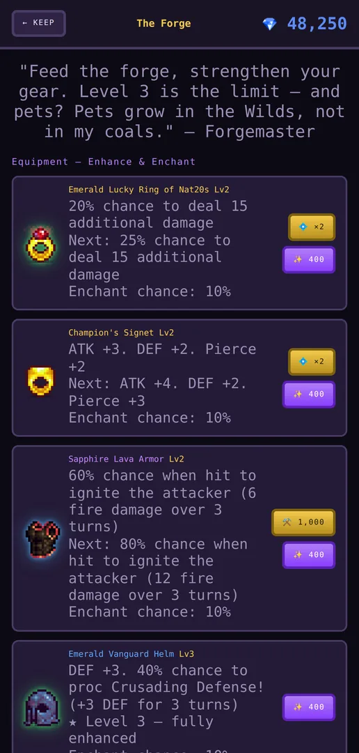 The Forge listing gear with enhancement levels, affixes and enchant chances