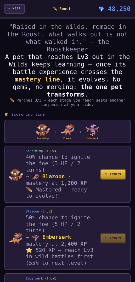 The Roost screen showing an evolution line and mastery progress