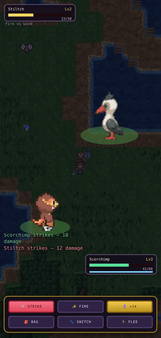 A battle in progress: damage numbers, a health bar falling, and a type-effectiveness readout