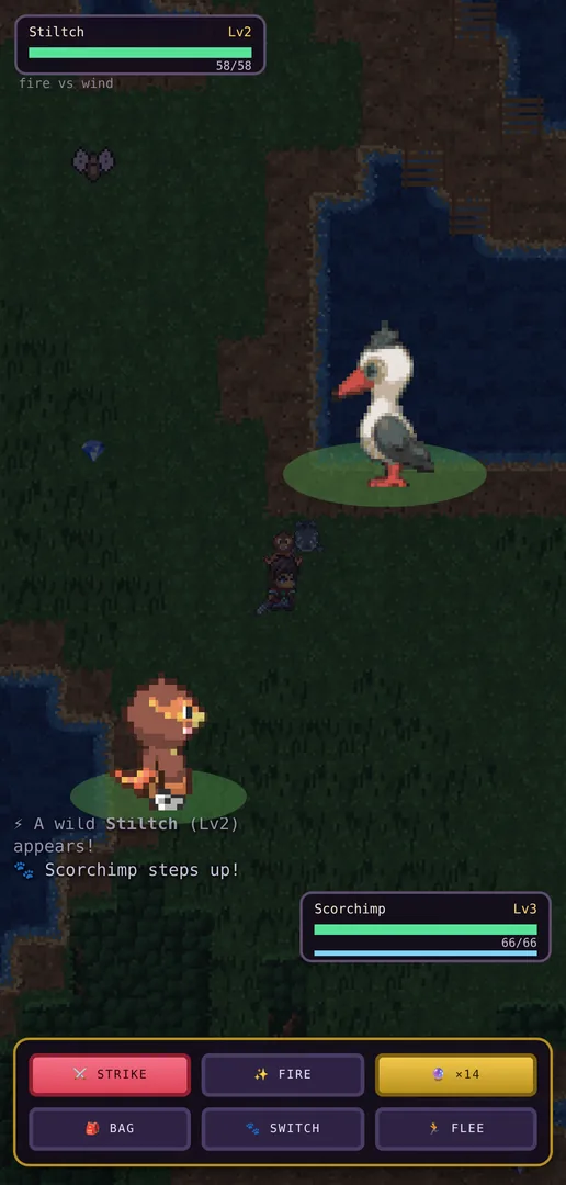 A turn-based creature battle against a wild Stiltch, with health plates and an action bar