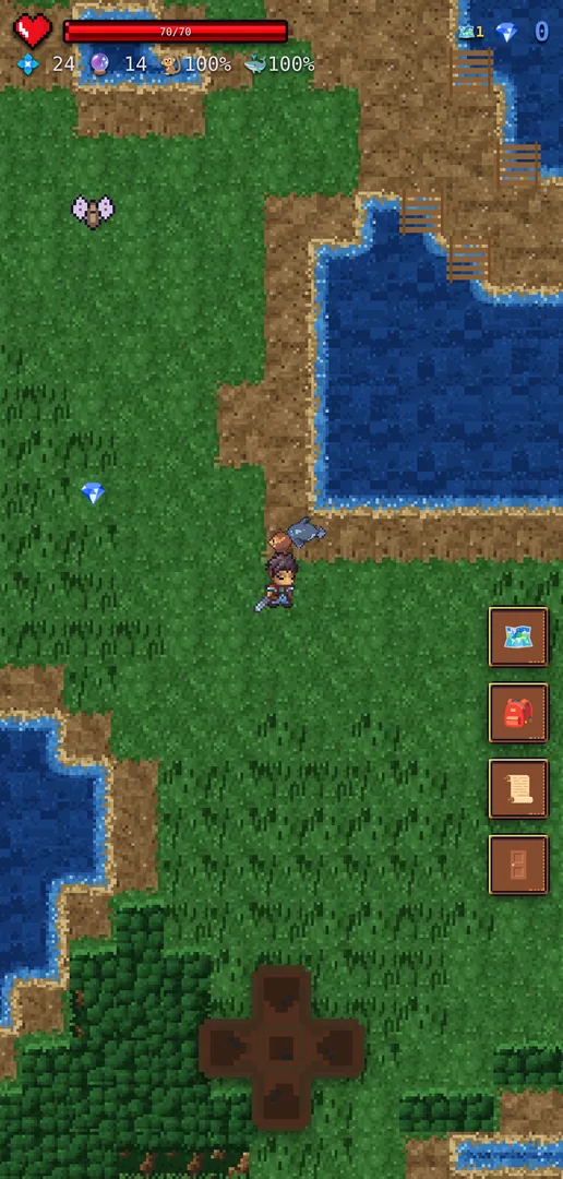 The open world: a hero and two companion creatures walking a meadow beside a lake
